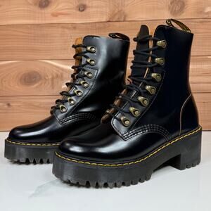 Dr Martens Women's Leona Vintage Smooth Leather Heeled Boots Chunky Black size 6